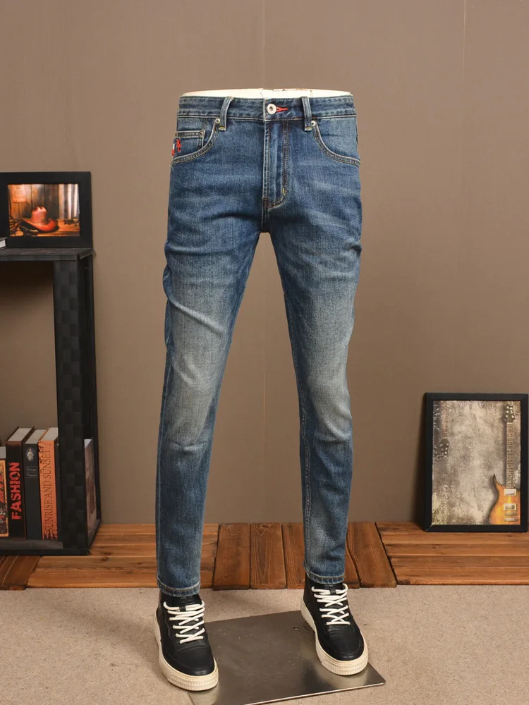 

Retro Blue Jeans Autumn Men's Simple Classic Stretch Slim Fit Skinny High-End Korean Style Versatile Casual Men's Pants