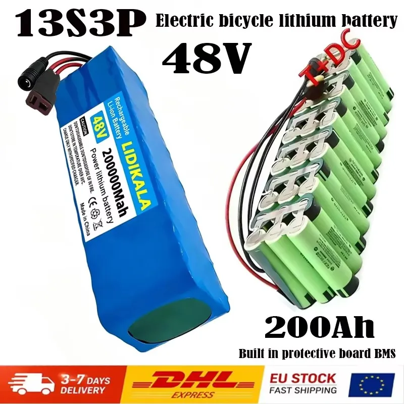 13S3P 48V 200000mAh 200Ah Lithium-Ionen-Akkupack mit 1000W BMS für 54,6V E-Bike Elektrofahrrad Roller
