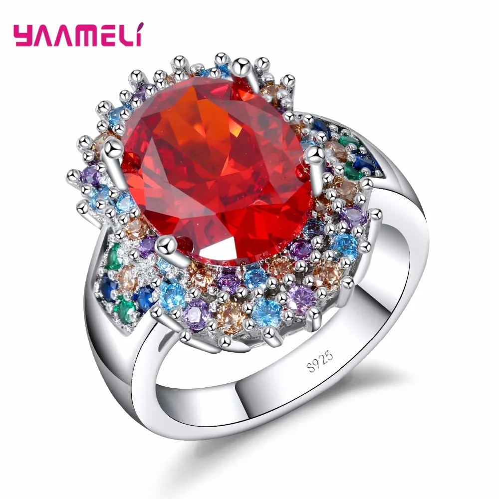 925 Sterling Silver Fashion Generous And Red Flowers Round Crystal Stone Ring  Engagement Jewelry  CZ For Women Gift