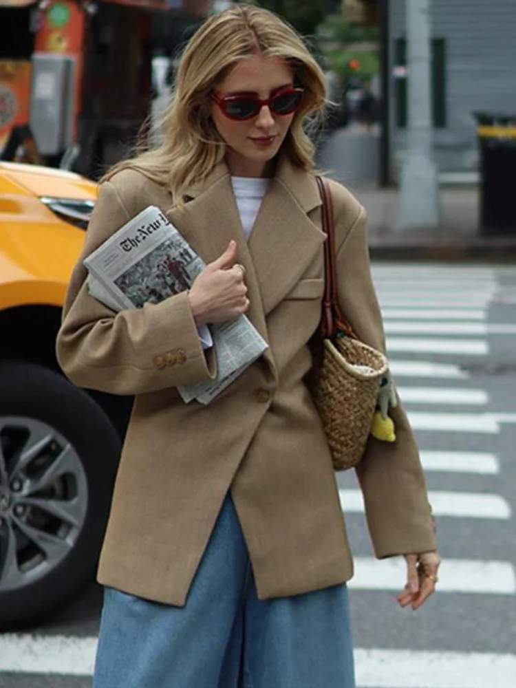 Fashion Khaki Lapel Blazer Coat For Women Oversized Double Button Long Sleeves Slim Jacket 2024 Autumn Office Female Outwear