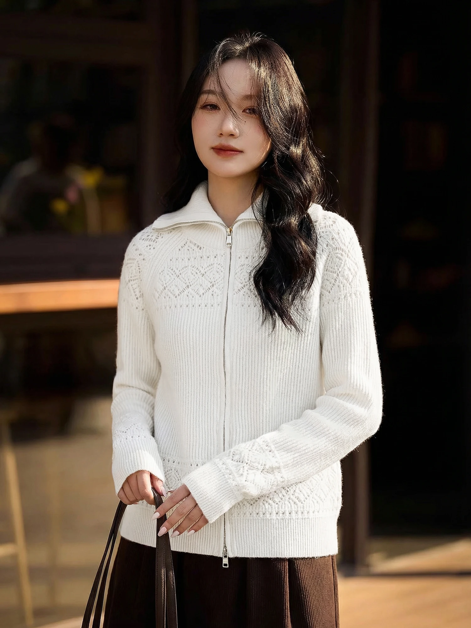 

Chivirin Pure Wool Knitted Sweater Women's Spring Season Hollow Design Casual Versatile Long Sve Cardigan Warm Daily Wear