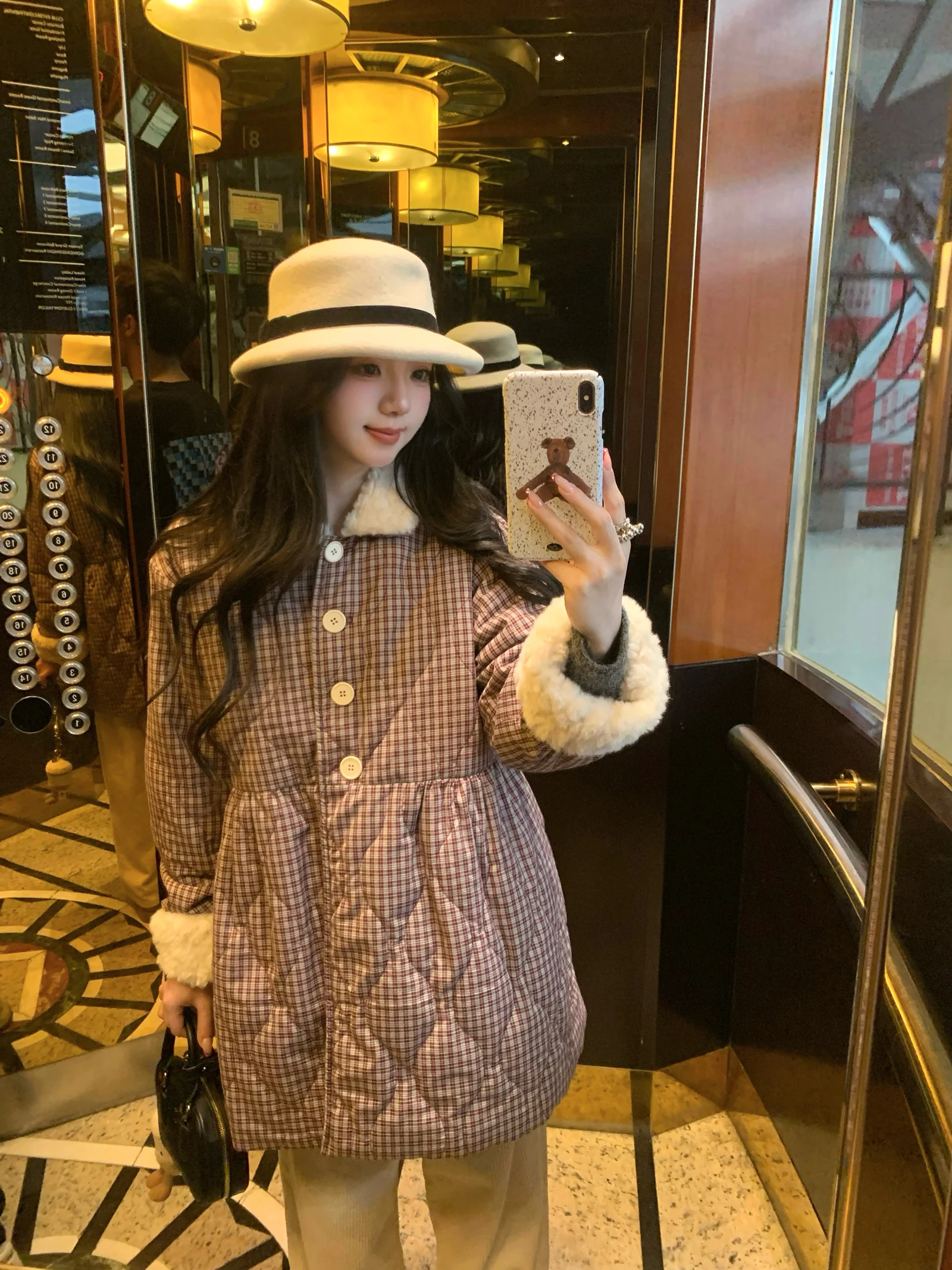 

New Year Red Plaid Cotton Jaet Doll Version Thiened Cotton Inner Winter Outerwear Sweet Sle Straight Tube pe Long Sve