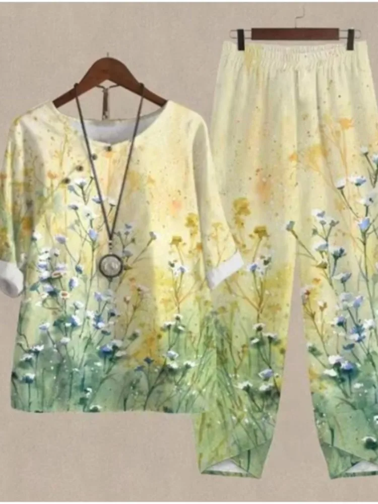 

Women Casual Print Set Fashion O Neck Pullover Tops+long Pants Two Piece Sets For Female Summer Holiday Womens Clothing New 2025