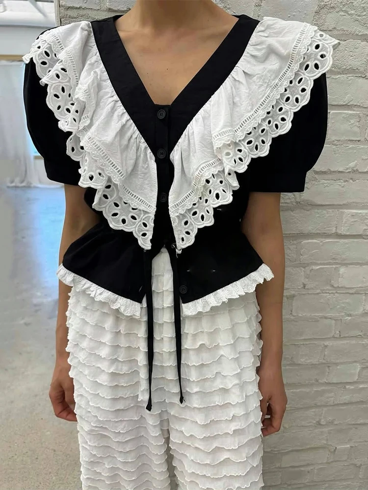 

Splicing Hollow Lace Up Shirt for Women's Summer New Retro Contrasting Puff Sleeve Top