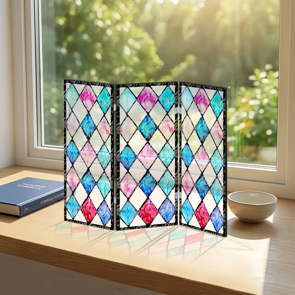 Diamond-shaped Color Folding Screen,translucent Acrylic Begonia Pattern Screen Decor Painting,TV Cabinet Dining Table Decor