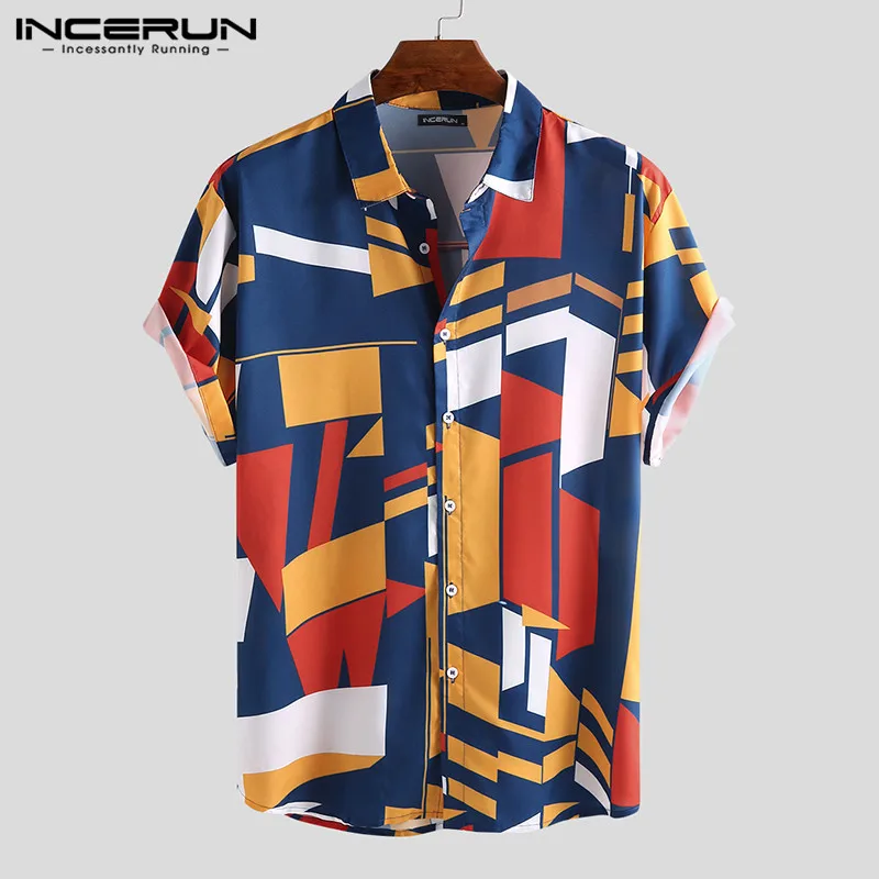 

Men Hawaiian Shirt Geometric Printed Lapel Short Sleeve Streetwear Summer Casual Shirts 2024 Vacation Men Clothing S-5XL INCERUN