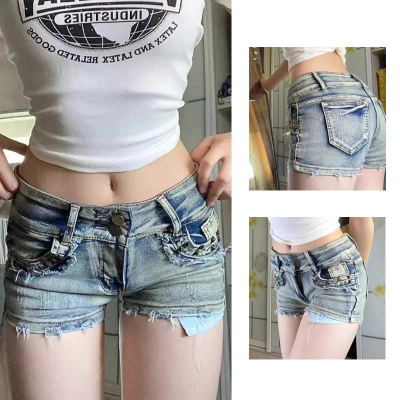 

Лето 2024, женские шикарные дизайнерские шорты на бедрах, джинсовые брюки, женские сексуальные корейские версии, эластичные шорты с низкой талией в стиле ретро