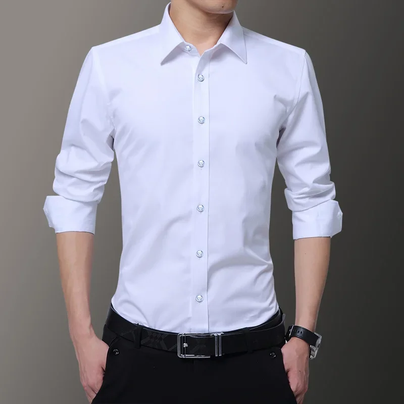 

2024 New Plus Size Camisa Cmen's Slim Solid Color Long-sleeved Shirt Business Casual White Shirt Men's Brand Classic