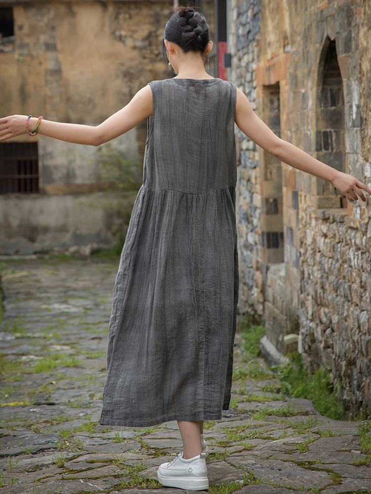 Alta qualidade algodão linho vestido longo feminino novo 2025 verão estilo vintage com decote em v tie dye solto feminino casual a linha vestidos m1293