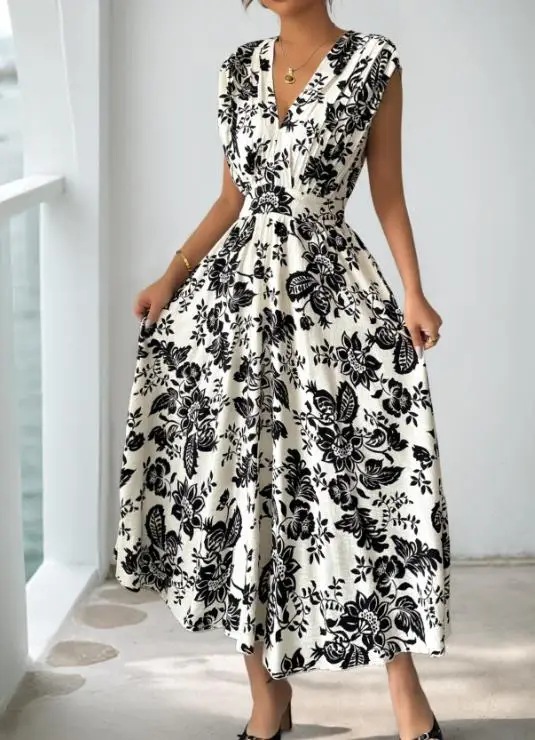 

2026 Summer Hot New Women's Waist Cinched Floral Print V-Neck Sleeveless Dress