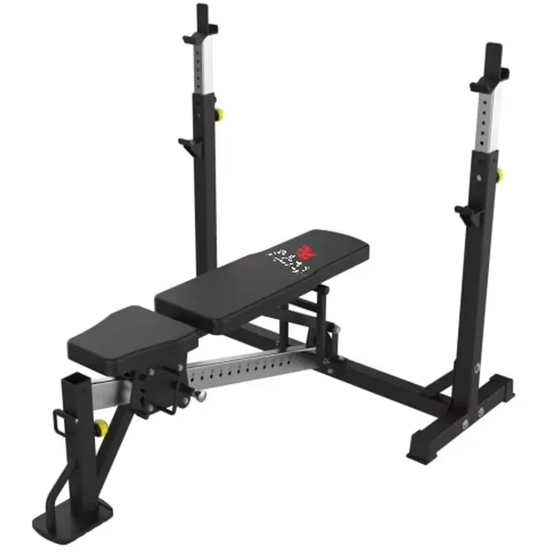 Multifunctional weight training table with leg trainer and squat rack, adjustable bench press table with leg buckling foam
