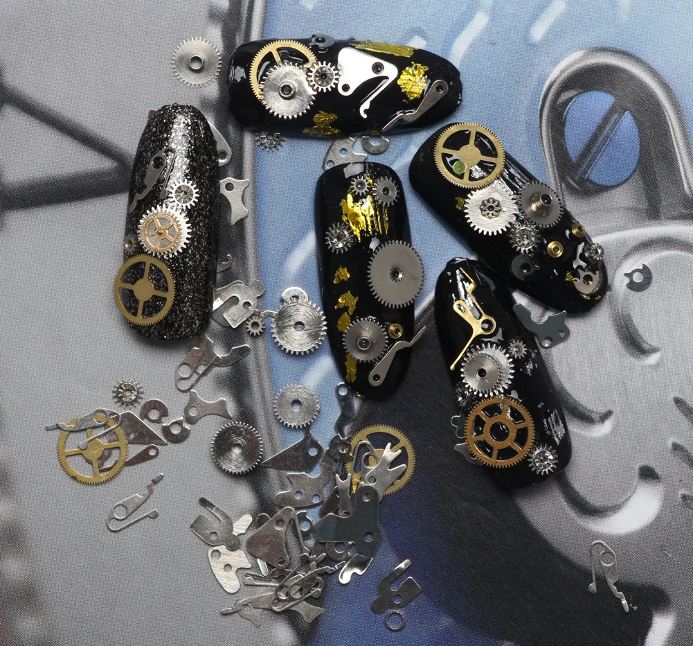 12 Mixed Designs 3D Gold Silver Metal Gear Nail Art Decoration Slice Beauty Gearwheel Foil Decals Nails Accessories 5