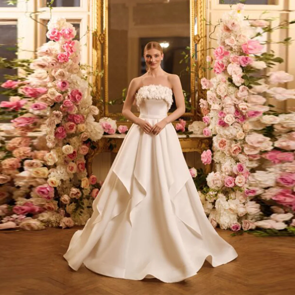 

Customized Attractive Prom Dress for Women 3D Flowers Strapless Ball Gown Pleated Satin A Line Formal Dress Long Evening Gown