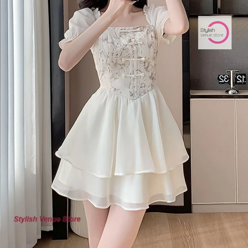 

Summer new elegant temperament white chiffon high waist slim square collar dress female new Chinese fashion short A-line skirt