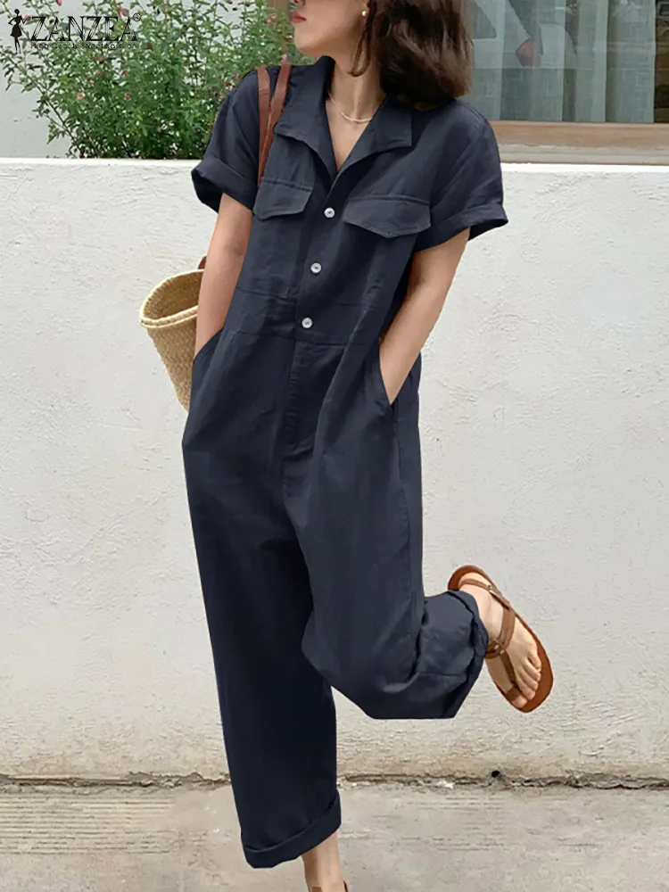 ZANZEA 2023 Summer Women Jumpsuit Short Sleeve Lapel Neck Rompers Femme Fashion Casual Loose Playsuits Oversize Cargo Overalls