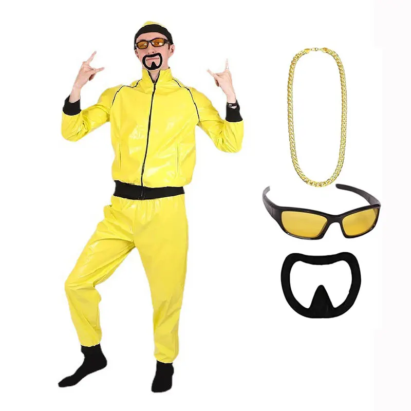 90s Fancy Dress Costume Accessories Kit Sunglasses Black Goatee Yellow Hat Gold Chain Rapper Outfit For Men Hip Hop Hallowe