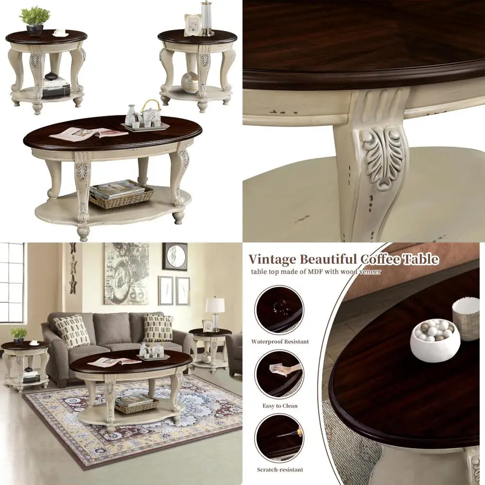 Vintage 3-delige ovale salontafelset met gesneden houten poten, woonkamermeubilair in antieke stijl in beige en espresso-afwerking