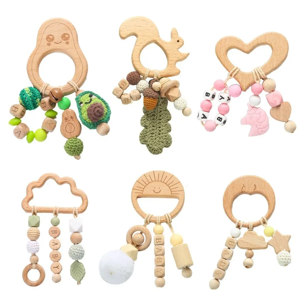 Cartoon Anti-lost Wooden Baby Rattle Toy Handmade Adjustable Handbell Rattle Toy Montessori Food Grade Wooden Rings Toy Baby