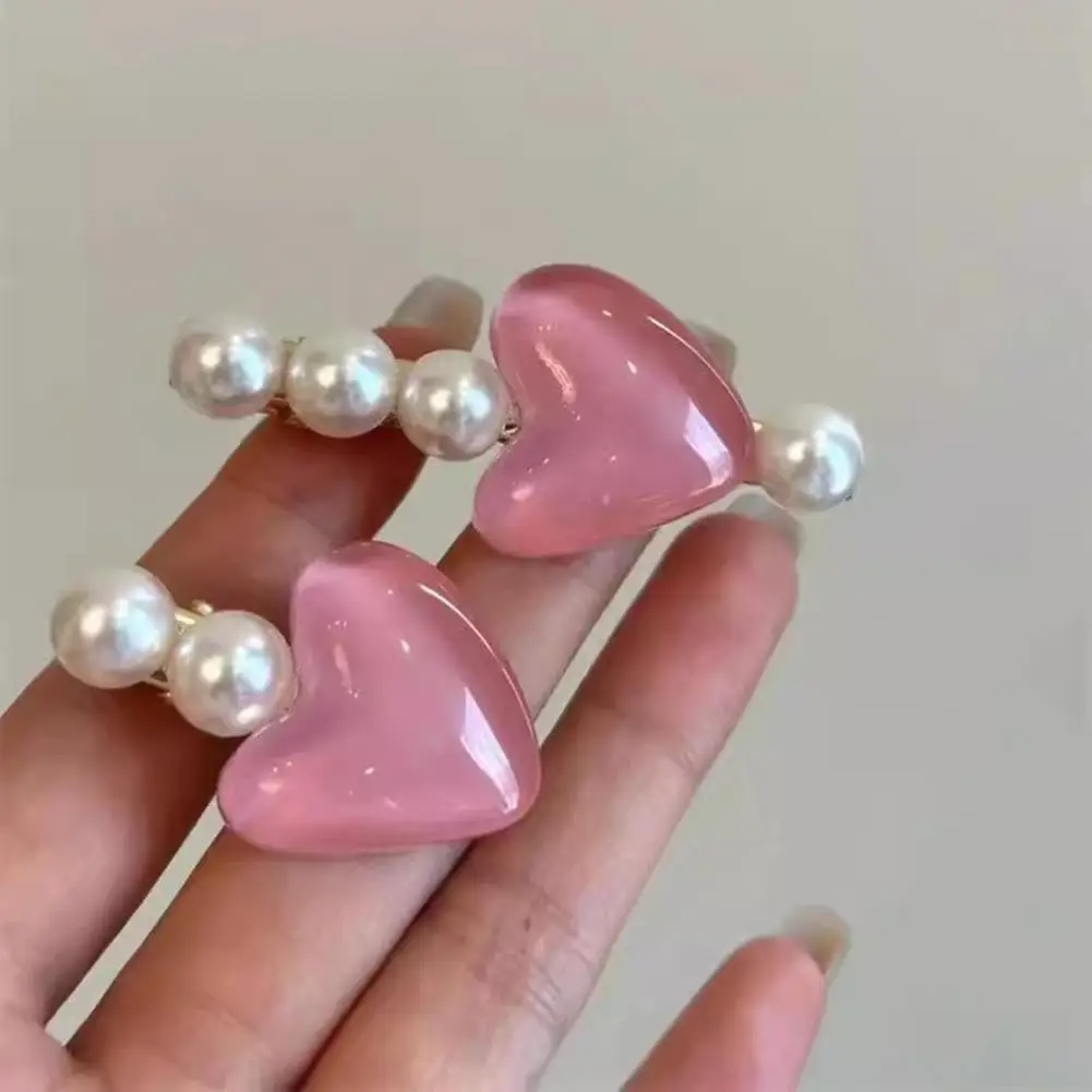 

Hairpin Broken Hair Holder Stable Non-damaging Hair Clip with High-gloss Imitation Pearls Pink Jelly Heart Design Princess Style