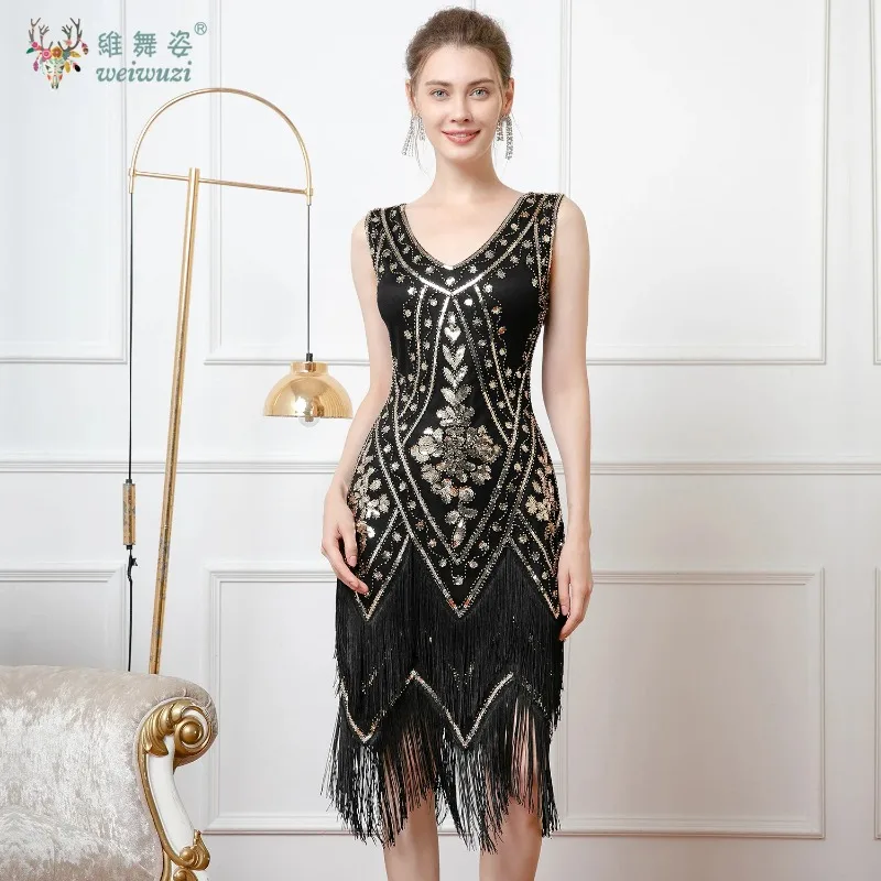 

Жилет без рукавов в стиле ретро 1920-х годов с v-образным вырезом, плотное двухслойное платье с вышивкой бисером и кисточками, блестящее платье для ночного клуба в стиле Гэтсби