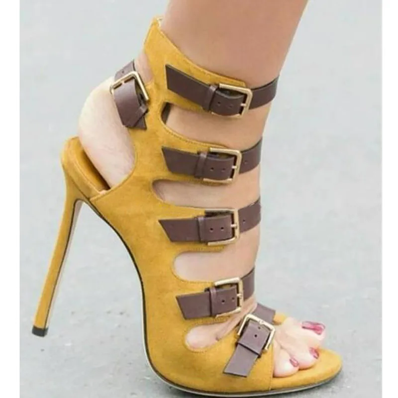 Girl's Yellow Suede Brown Straps Metal buckle Gladiator Sandals Boots Women Stiletto High Heels Peep toe Summer Ankle Boots