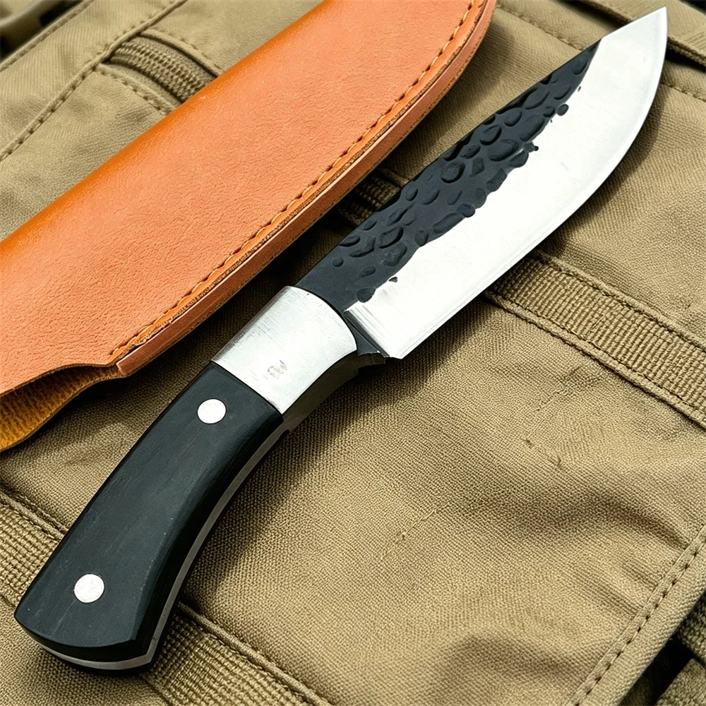 Full Tang Hand Forged Utility Pocket Knife with Leather Sheath – Steel Blade & Ebony Handle, Outdoor Camping Gift for Men
