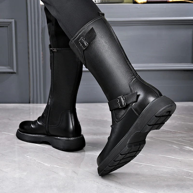 Long Boots Men\'s Soft Leather Thick Soled Leather Motorcycle Rider Elevated Riding High Barrel High Collar Plush Ankle Boots