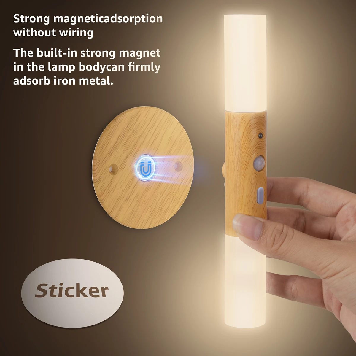 2PCS Motion Sensor Induction Night Light Indoor,3 Colors Temperature, USB Wooden 700mah LED Wall Lamp for Room Hallway Staircase