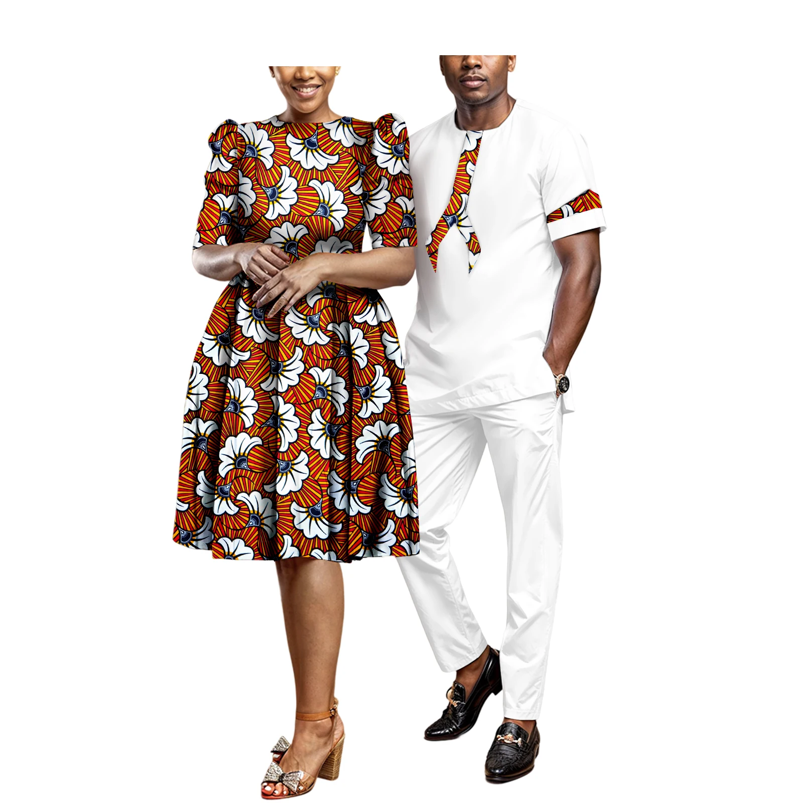 African Couples Matching Outfits Sets Dashiki African Suit for Men 2 Piece Set and Women Print Wax Dress Party