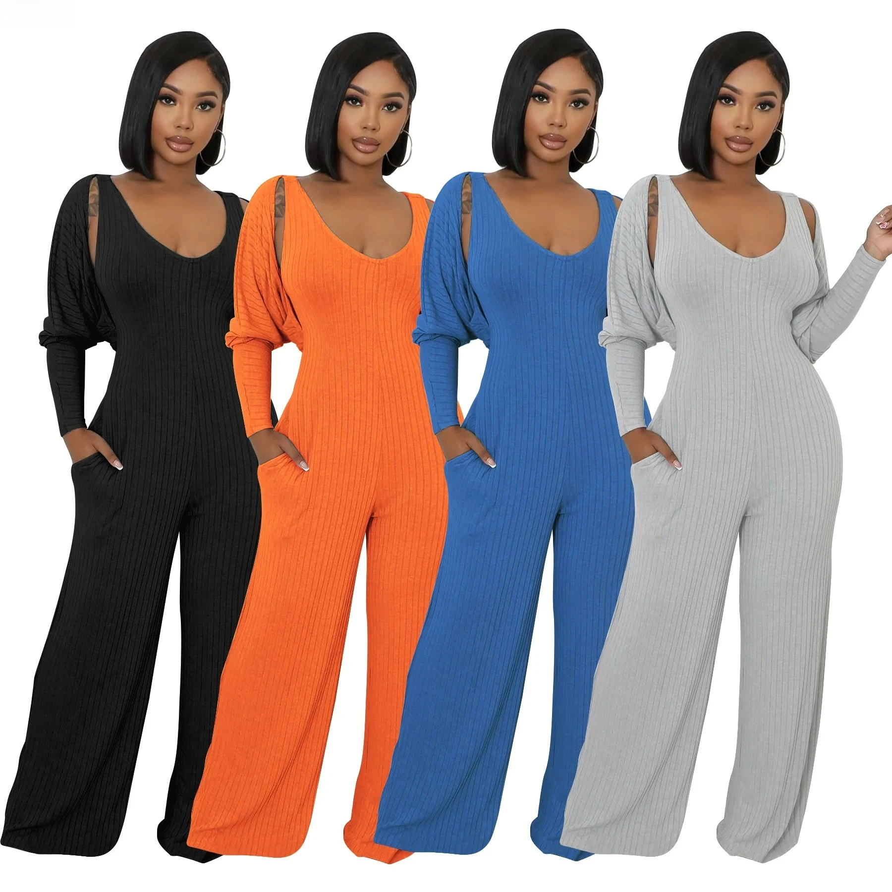 

Women Fall 2 Piece Set Ribbed Knit Jumpsuit with Cardigan Suits Casual Tracksuit Street Date Night Out Club Party Outfits