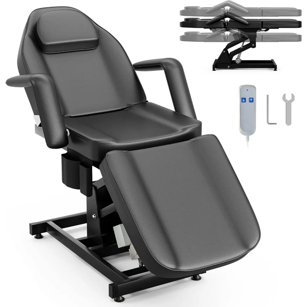 Electric Height Adjustable Tattoo Chair Spa Bed, Electric Lift Massage Table 3-Section Folding with Storage Pocket