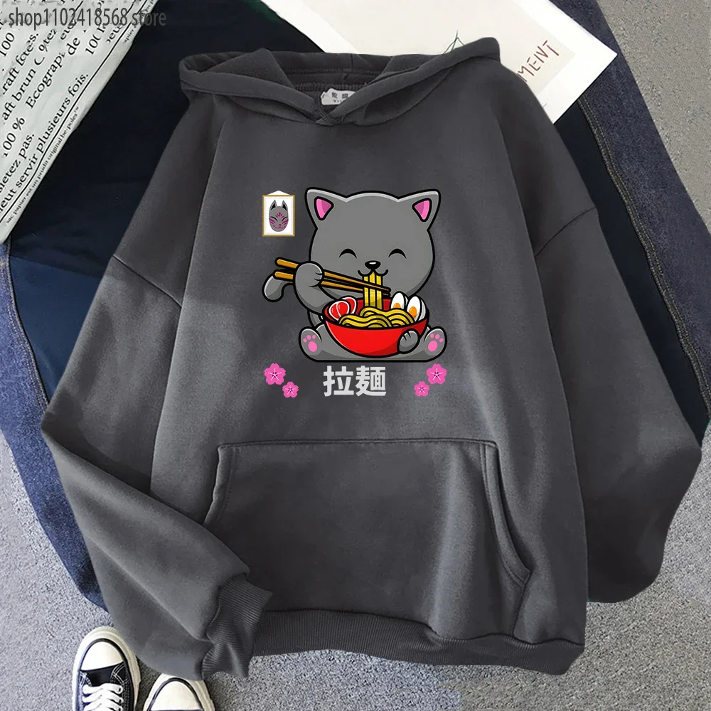 Cat Eating Spaghetti Hoodie MEN Harajuku Sweatwear Women Cartoon Sweatshirt O-Neck Personality Pullover Y2k Sudadera Para Mujer