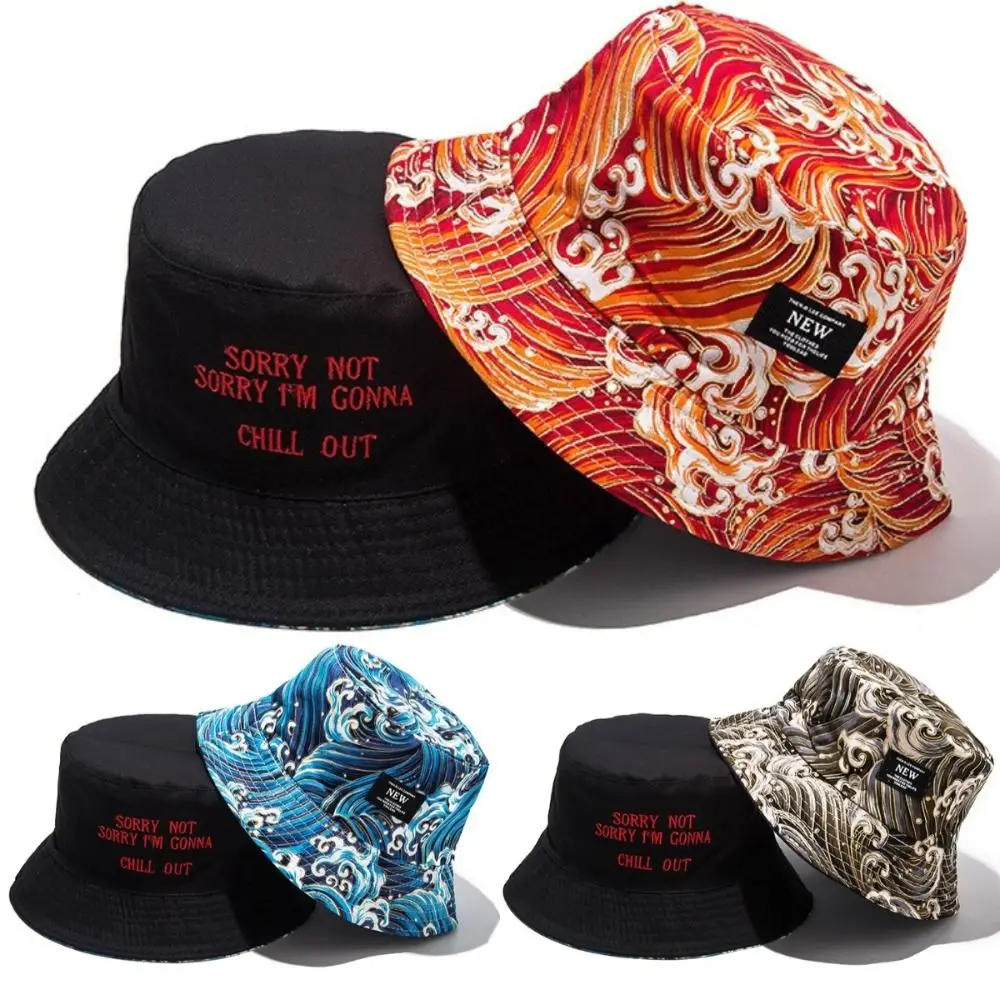 Trendy Packable Reversible Bucket Hat UV Protection Lightweight Sun Hat Sea Waves Pattern Casual Beach Cap For Men Women