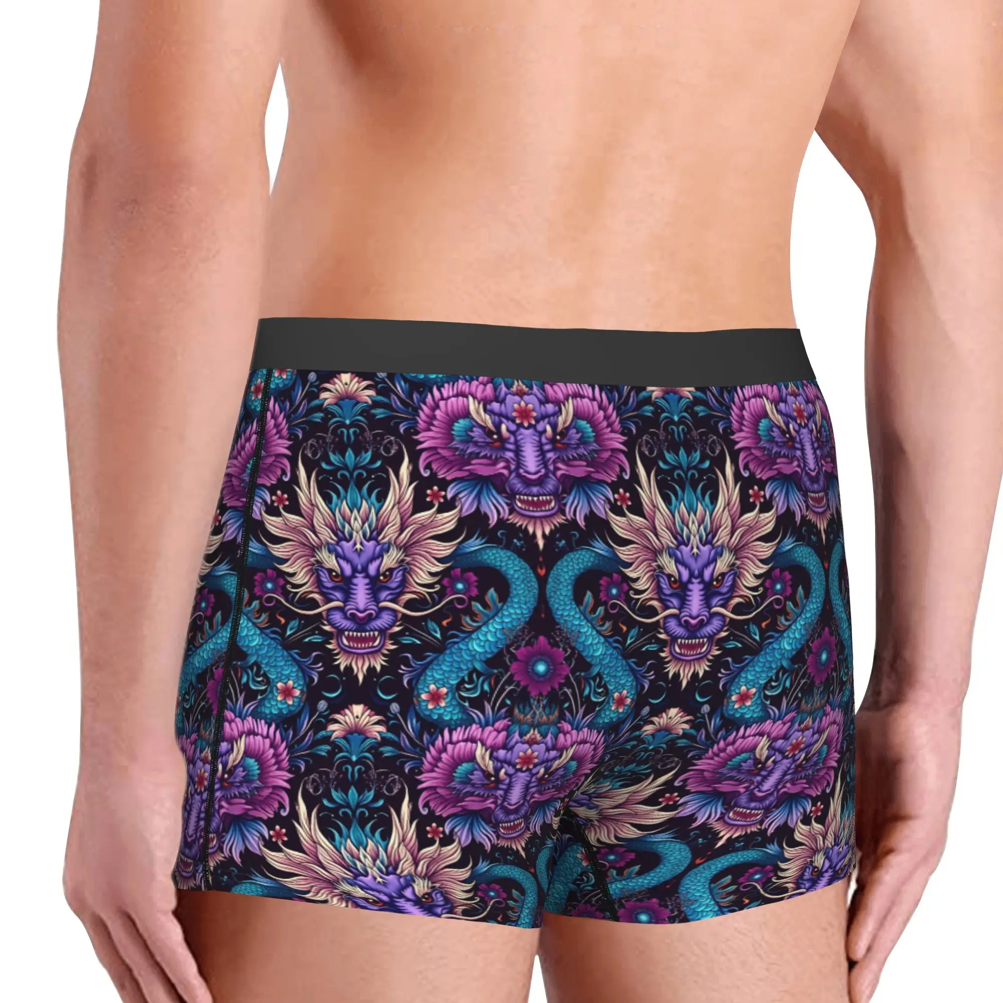 Dragon Dreams  Boxer Shorts For Men 3D Printed Teal And Purple Underwear Panties Briefs Stretch Underpants