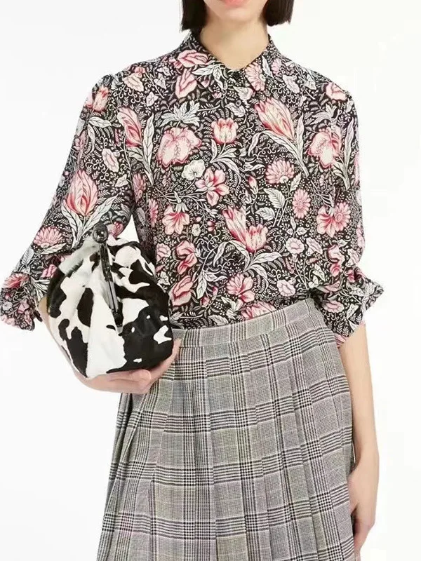 

Elegant Floral Silk Shirt Loose Fit Long Sleeve New Arrival Spring Autumn Vintage High-End Feel Straight Body Top for Women