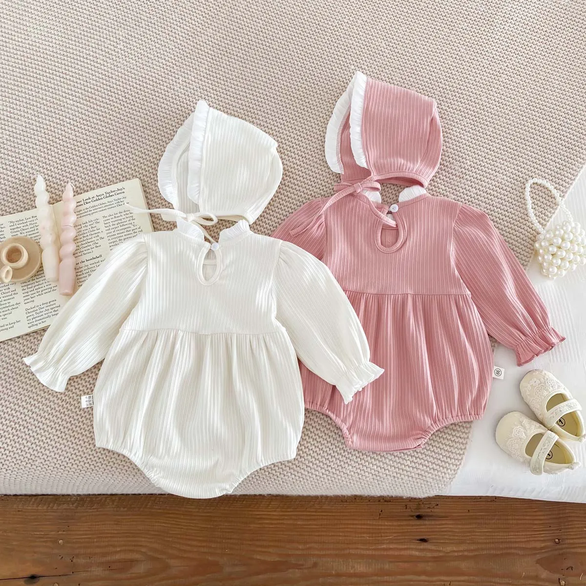 Autumn Baby Romper with Hat Big Bow Standing Collar Long Sleeve Infant Girl Bodysuit Full Moon Photo Baby Clothes Sweet