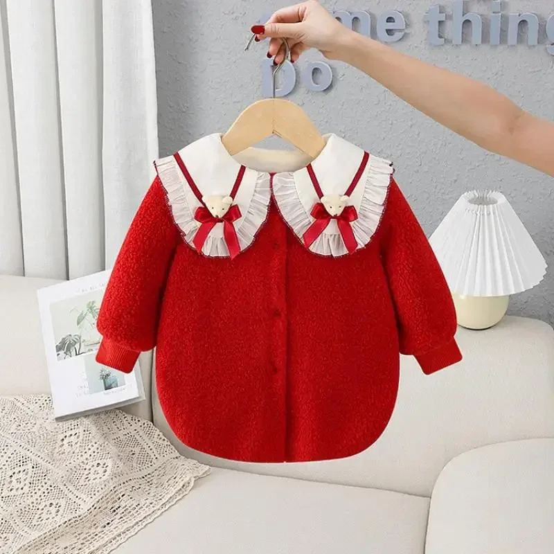 

2024Christmas Kids Girl Animal Outerwear Coats Turn down Collar Single Breasted Cardigan Thick Clothes Children Cute Bear Winter