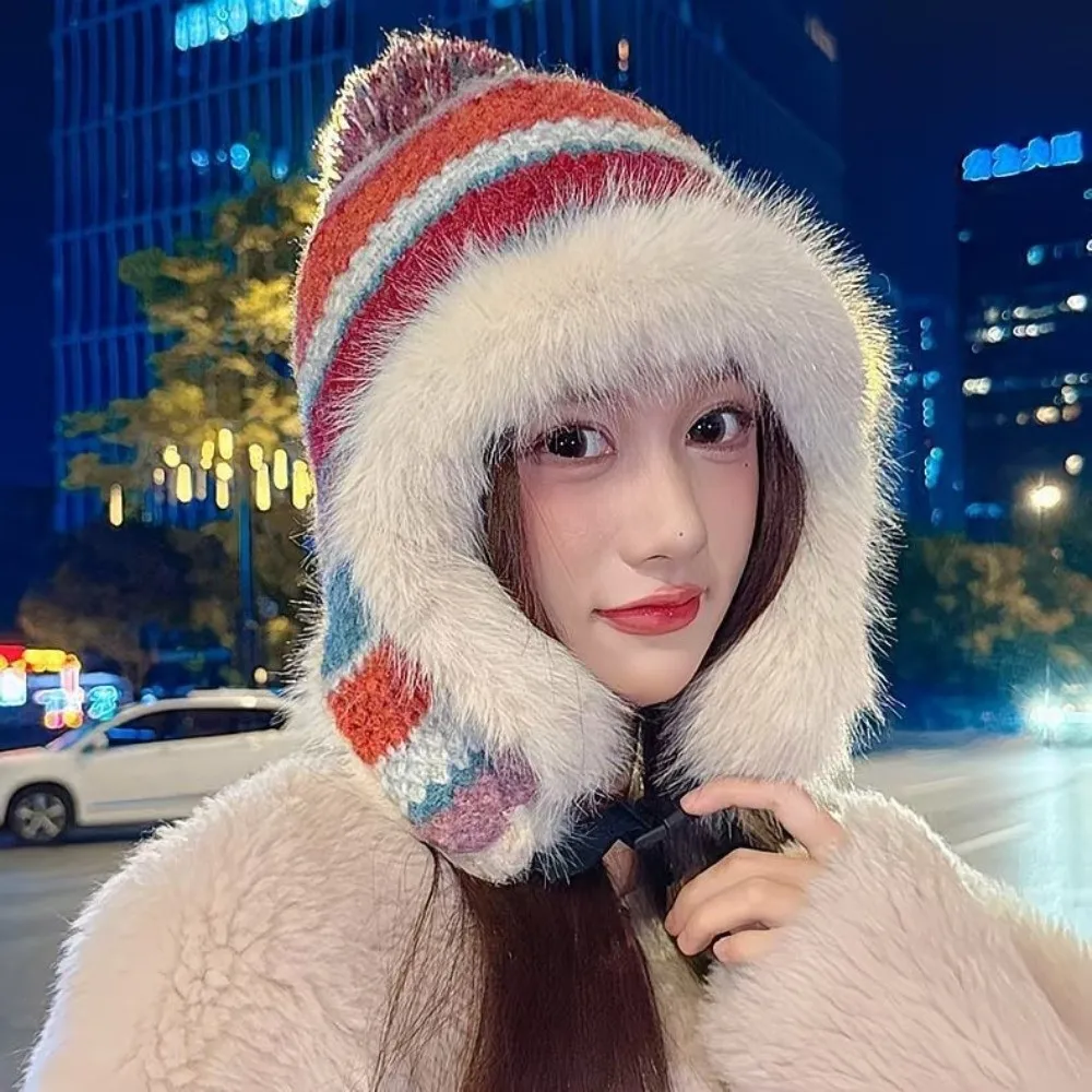 Polyester Striped Trapper Hat 54cm to 60cm Head Circumference Pom Pom Colorful Winter Hat Earflap Warm Ear Protection Hat