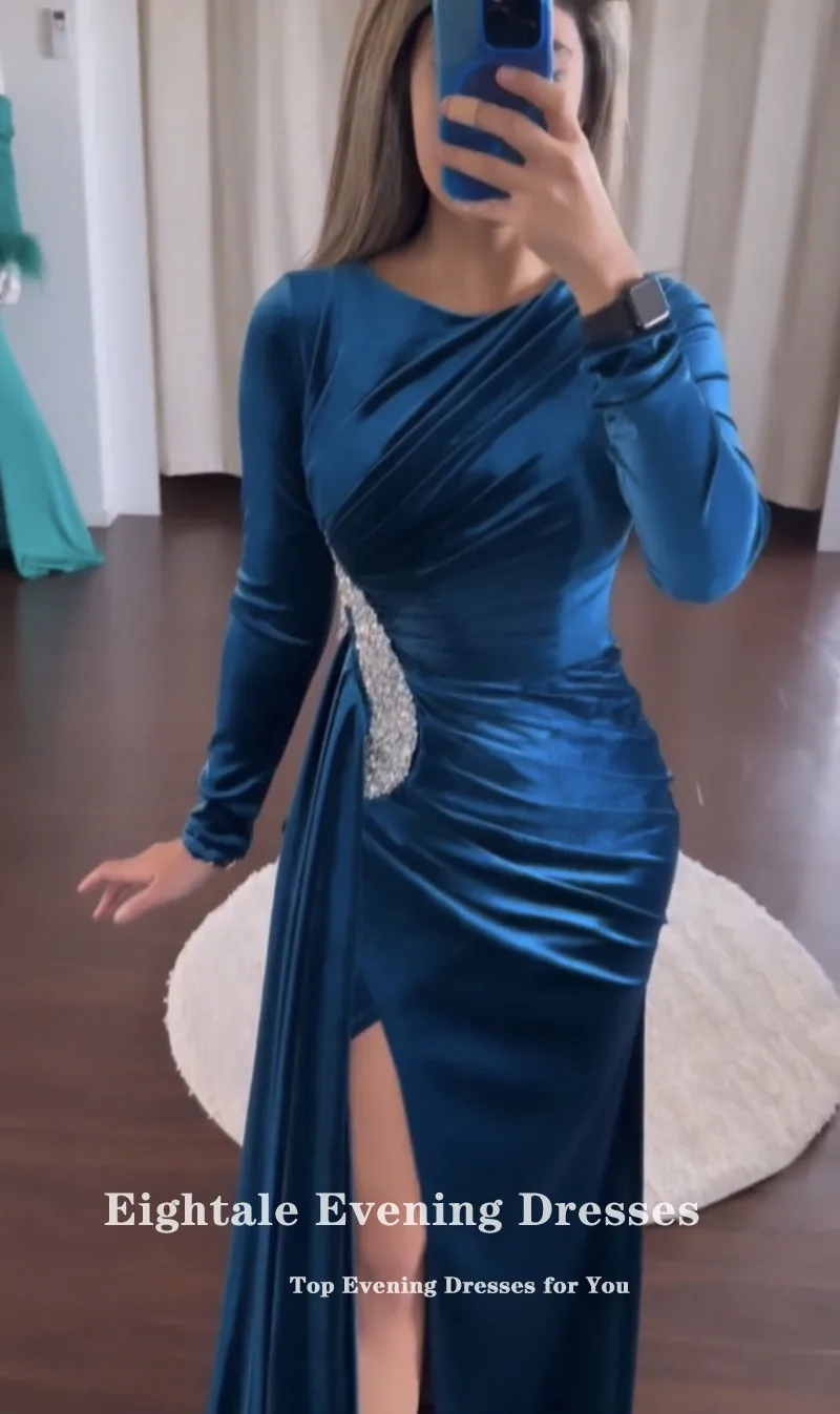 Eightale Velvet Evening Dress for Wedding Party Blue O-Neck Beaded Mermaid Customized Long Sleeves Prom Gowns