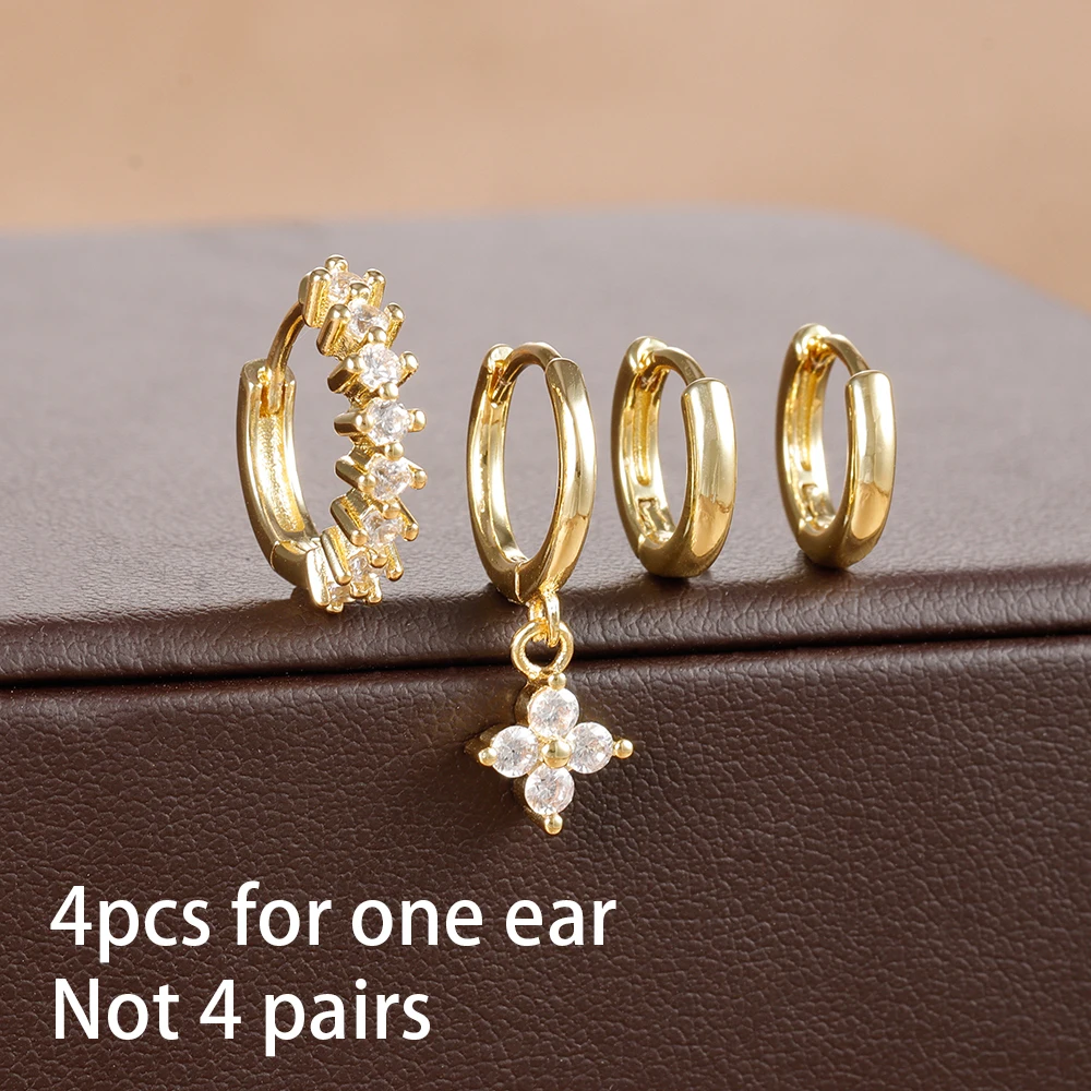 4PCS Stainless cubic zirconia Steel 18K Gold Plated Earrings Zircon Five-Petaled Flowers Hoop Earring For Women Set Jewelry Gift