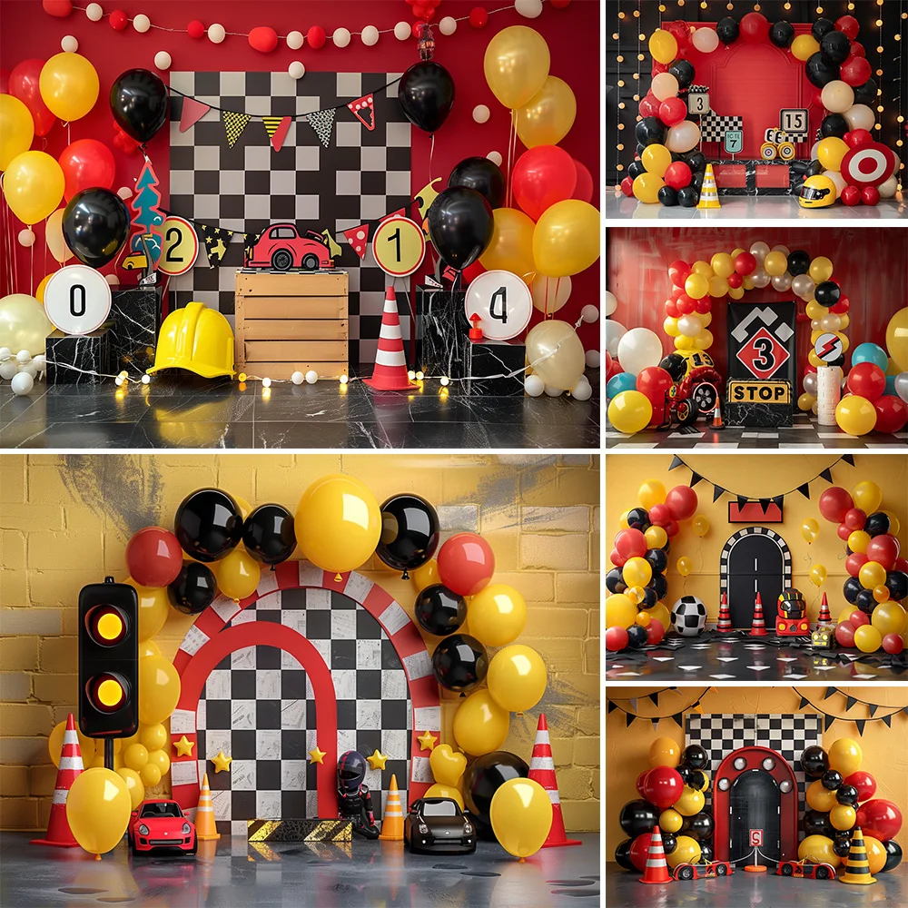 Photography Background Studio Racing Boy Birthday Party Backdrop Balloon Decor Black White Plaid Race Track Kid Cake Smash Photo