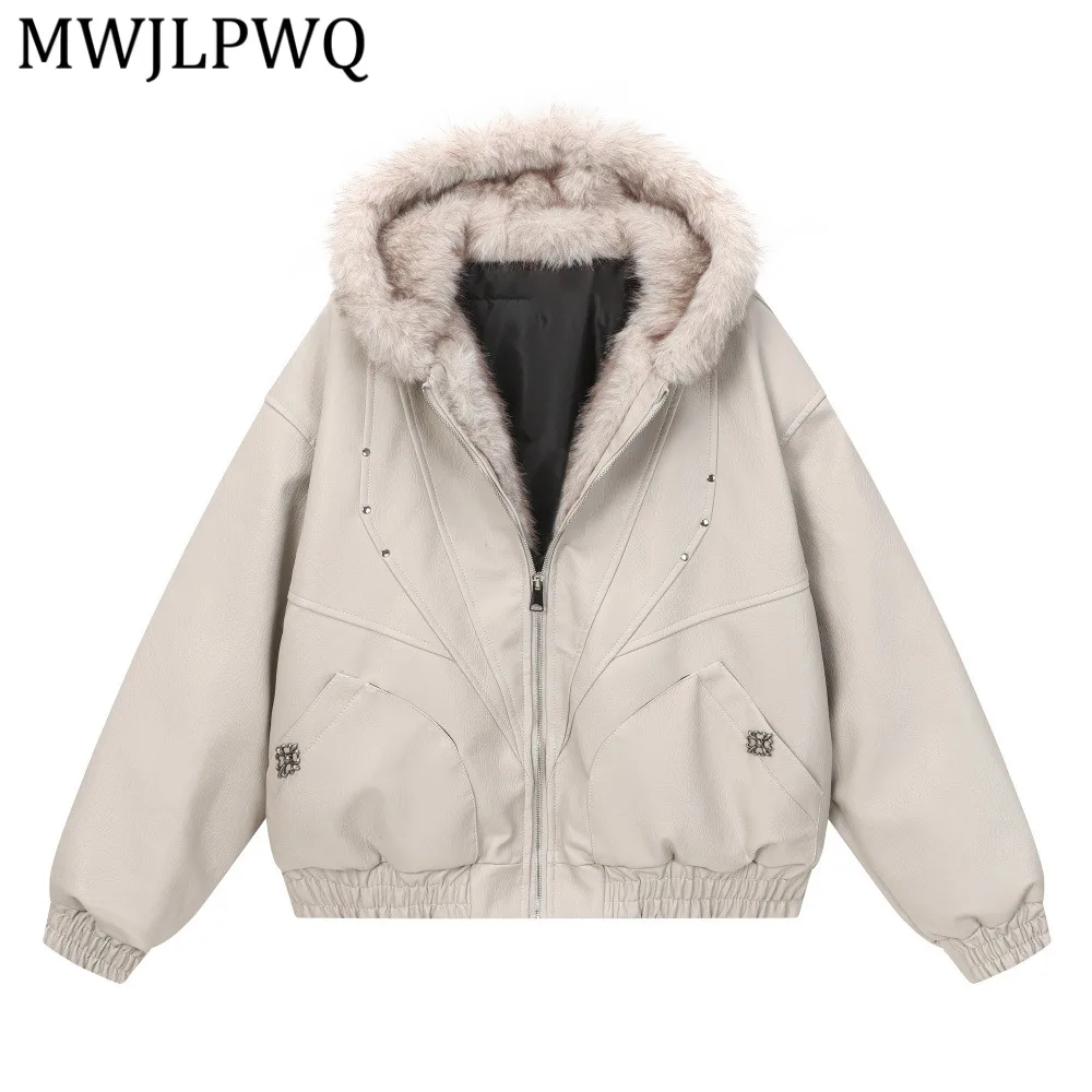 

MWJLPWQ Fur Hooded Thickened PU Leather Jacket Men's Winter Deconstructed Split Design Street Warm Casual Cotton Coats 13267