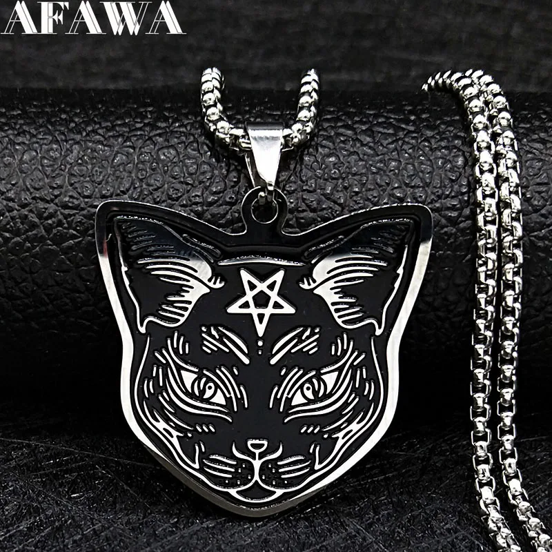 Witchcraft Pentagram Cat Stainless Steel Necklace Chain Black Cat Magic Halloween Necklace Jewelry cadenas mujer N7534S02