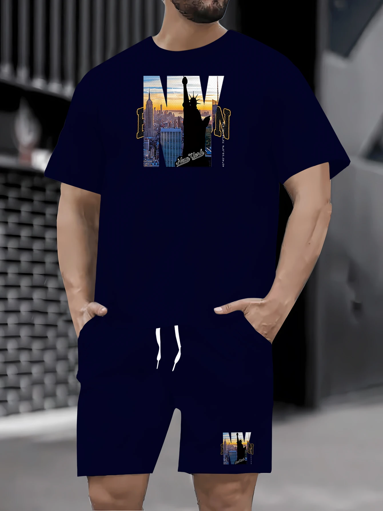 Sommer neues lässiges zweiteiliges Rundhals-Kurzarm-T-Shirt für Herren und Shorts mit Kordelzug, gestrickte Outdoor-Sportbekleidung