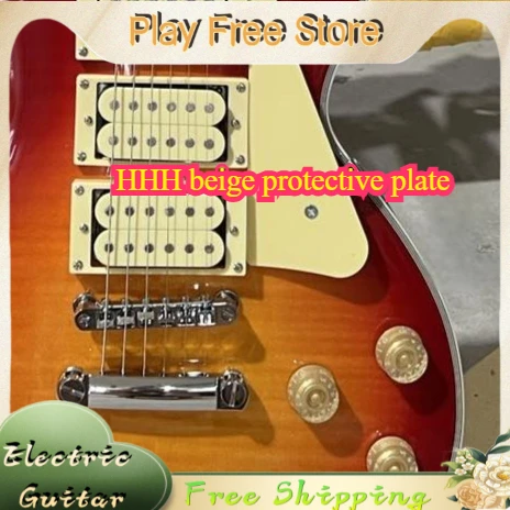 Guitare électrique LPS HHH beige avec plaque de protection rouge, coque en forme d'éclair coucher de soleil, livraison gratuite, pont fixe