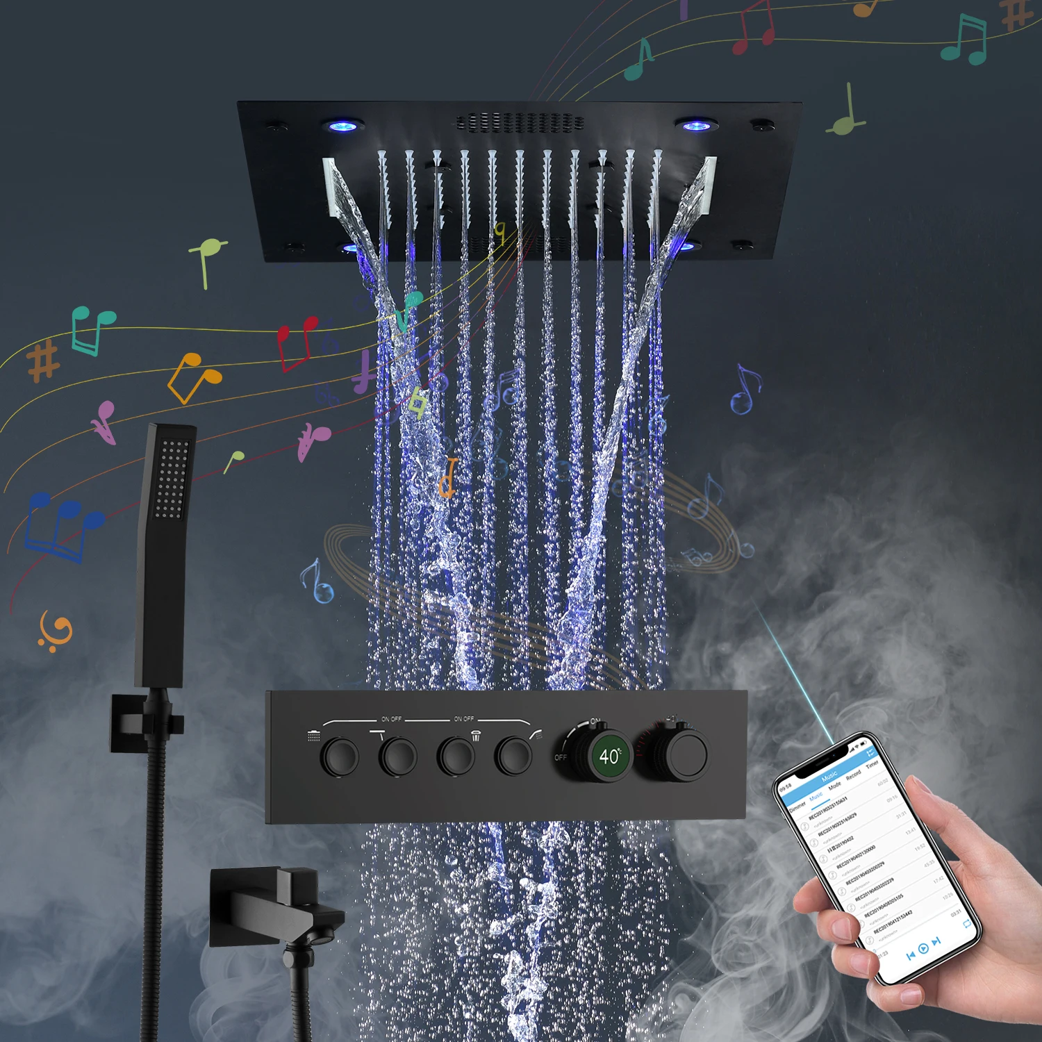 Imagem -05 - Conjunto de Torneiras de Tela Termostática Preta Botão Misturador de Válvulas Bluetooth Música Led Multifuncional Spa Kit de Chuveiro de Chuva 2023