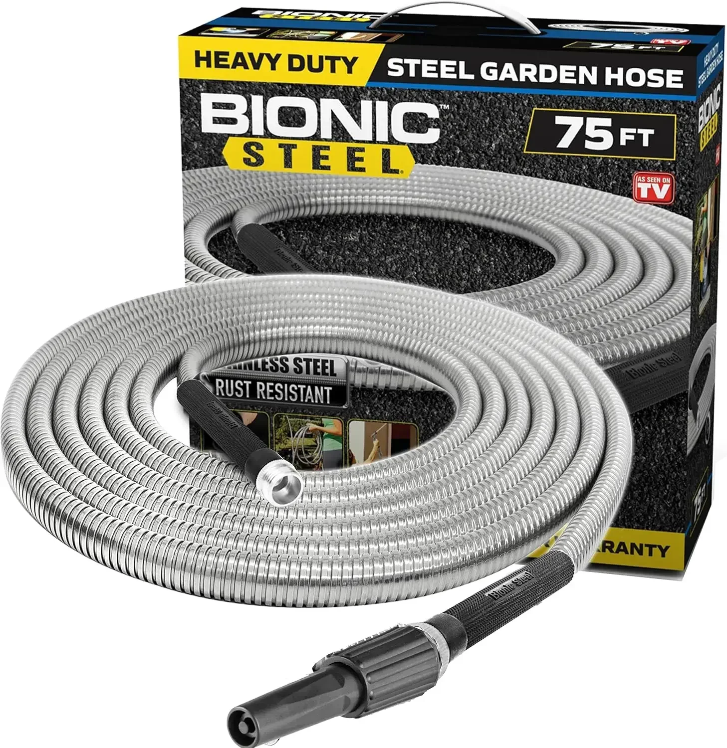 75 FT Garden Hose with Nozzle, 304 Stainless Steel Metal Water Hose 75Ft, Flexible Hose, Kink Free