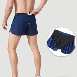 2 in 1 Marathon Shorts Quick Dry Long Distance Running Training Sports Men Gym Summer Pockets Lining Track And Field Shorts