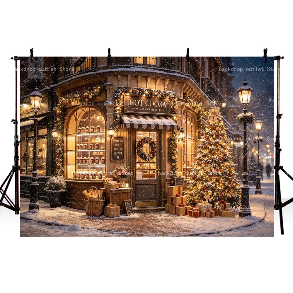 Mehofond Photography Background Winter Christmas Store Snowy Street Glitter Xmas Tree Decor Kids Family Portrait Backdrop