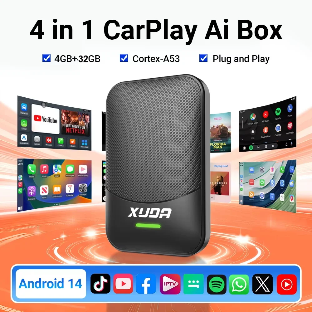 

﻿ 4+32 ГБ, 4-в-1, Android 14, Hicar, проводной/беспроводной CarPlay, Android Auto, AI-бокс-адаптер, стриминг-бокс, Plug&Play для YouTube, Netflix